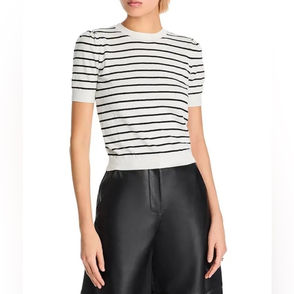 FRAME Gathered Striped Short Sleeve Organic Cotton/Linen Blend Sweater NWT